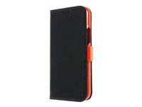 Insmat Exclusive - Läppäkansi matkapuhelimelle - nahka, kartonki + paperi + alumiinifolio - musta/oranssi malleihin Apple iPhone 11 650-2967