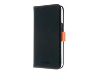 Insmat Exclusive - Läppäkansi matkapuhelimelle - aito nahka, polykarbonaatti, kartonki + paperi + alumiinifolio - musta, oranssi malleihin Apple iPhone 15 650-3192