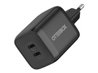 OtterBox Standard - Verkkosovitin - 65 watti(a) - 3 A - Fast Charge, PD/PPS - 2 lähtöliittimet (24 pin USB-C) - musta - Eurooppa (paitsi Iso-Britannia) 78-81342