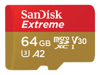 SanDisk Extreme - Flash-muistikortti (microSDXC to SD -adapteri sisältyvä) - 64 Gt - A2 / Video Class V30 / UHS-I U3 / Class10 - microSDXC UHS-I SDSQXA2-064G-GN6MA