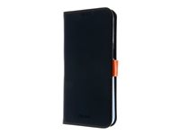 Insmat Exclusive - Läppäkansi matkapuhelimelle - aito nahka, polykarbonaatti, kartonki + paperi + alumiinifolio, puuvillaompeleet - musta/oranssi malleihin Apple iPhone 15 Pro Max 650-3195