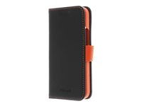 Insmat Exclusive Flip Case - Läppäkansi matkapuhelimelle - aito nahka, polykarbonaatti, puuvillaompeleet, pahvi + paperi - black & orange malleihin Apple iPhone 14 650-3101