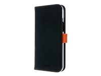 Insmat Exclusive - Läppäkansi matkapuhelimelle - aito nahka, polykarbonaatti, kartonki + paperi + alumiinifolio, puuvillaompeleet - musta/oranssi malleihin Apple iPhone 15 Plus 650-3193